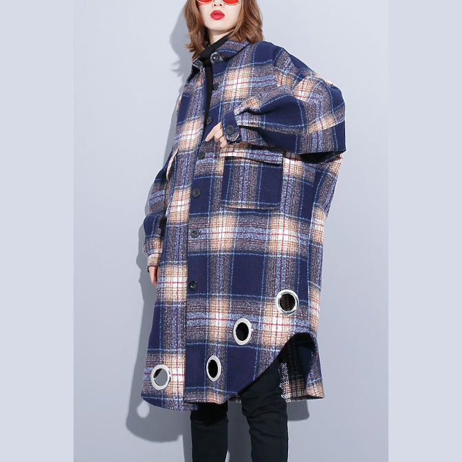WW | blaue karierte Mäntel große Größen Umlegekragen Wintermantel Boutique Taschenmantel