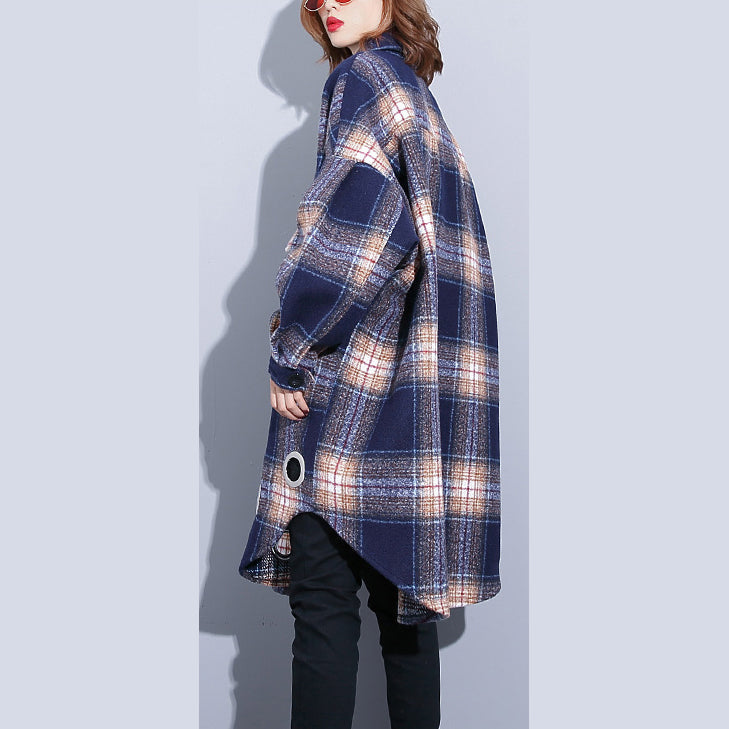 WW | blaue karierte Mäntel große Größen Umlegekragen Wintermantel Boutique Taschenmantel
