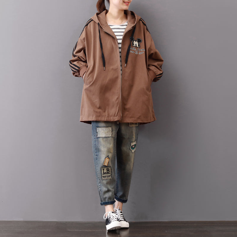 WW | dark khaki midi-length cotton coats oversized cotton fine zip hooded natural cotton coat