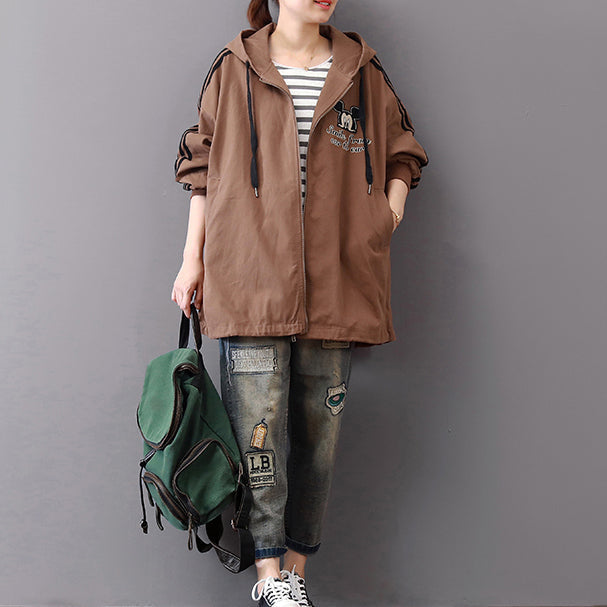 WW | dark khaki midi-length cotton coats oversized cotton fine zip hooded natural cotton coat