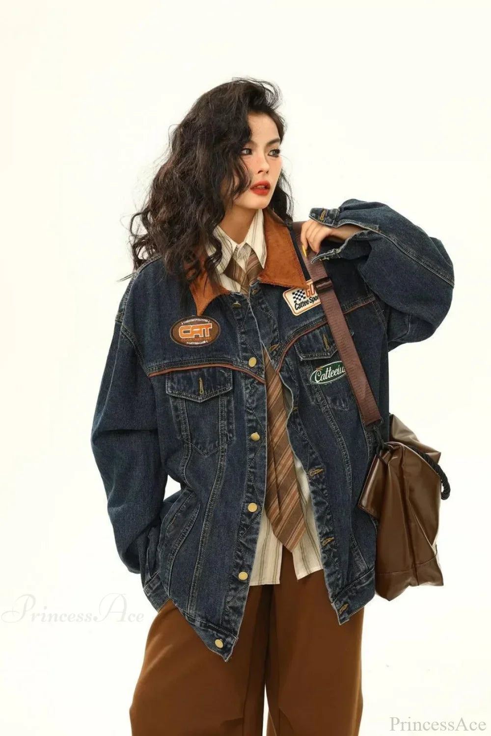 WW | Bestickte Denim Lockere Revers Utility-Jacke
