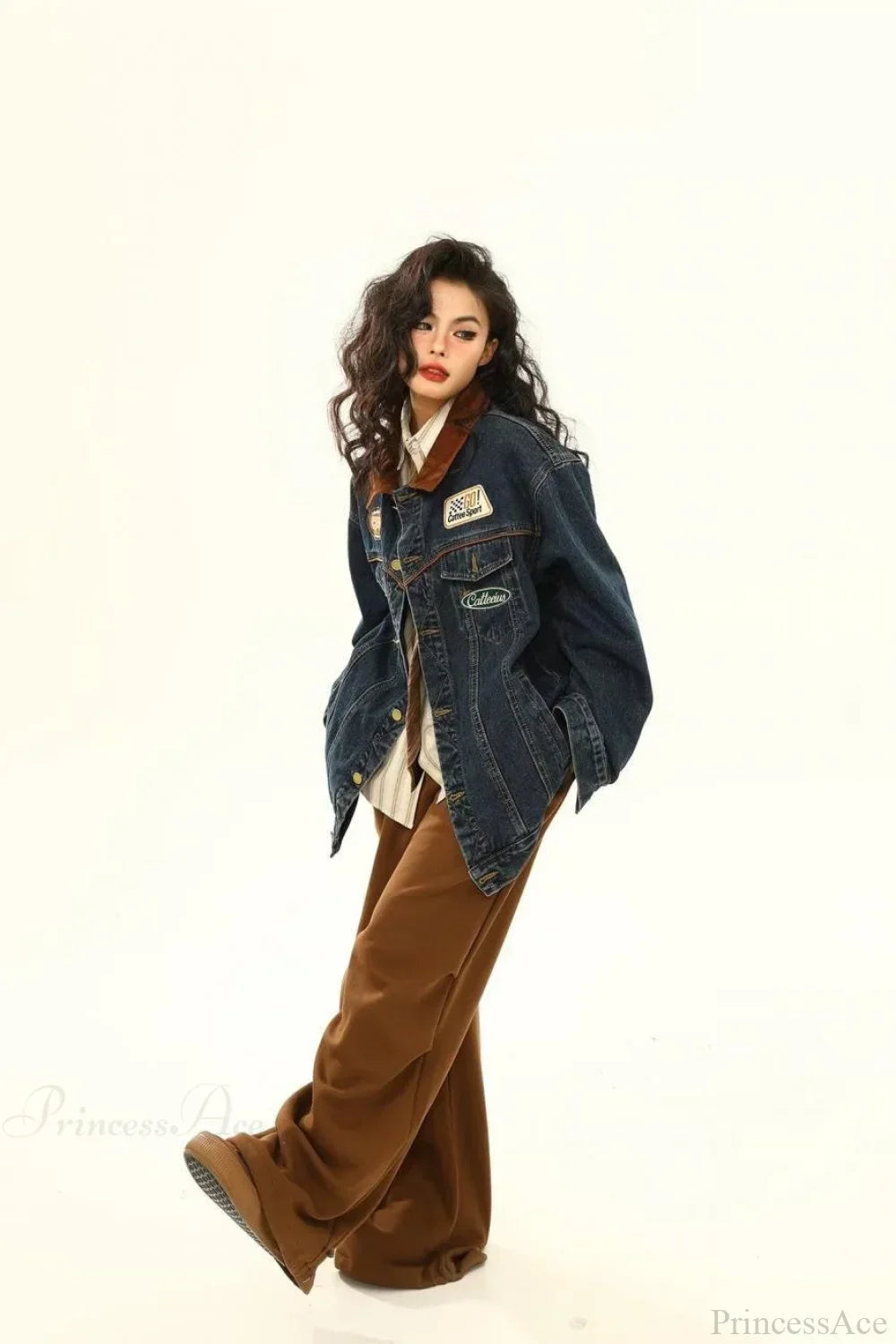 WW | Bestickte Denim Lockere Revers Utility-Jacke