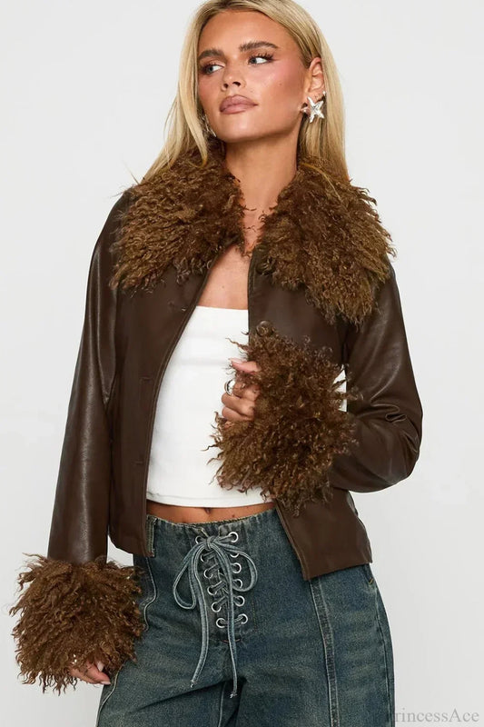WW | Fleece-Kragen Leder-Paneel Jacke