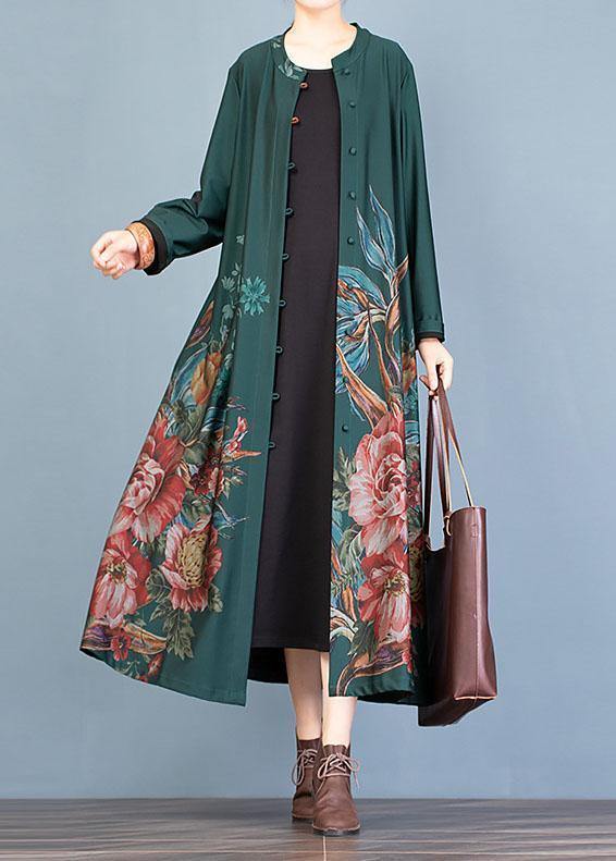 WW | grüne Drucke Mantel Damen Oversize langer Mantel Trenchcoats Rundhals