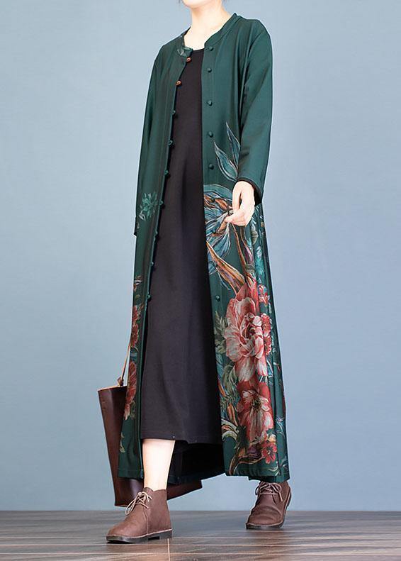 WW | grüne Drucke Mantel Damen Oversize langer Mantel Trenchcoats Rundhals