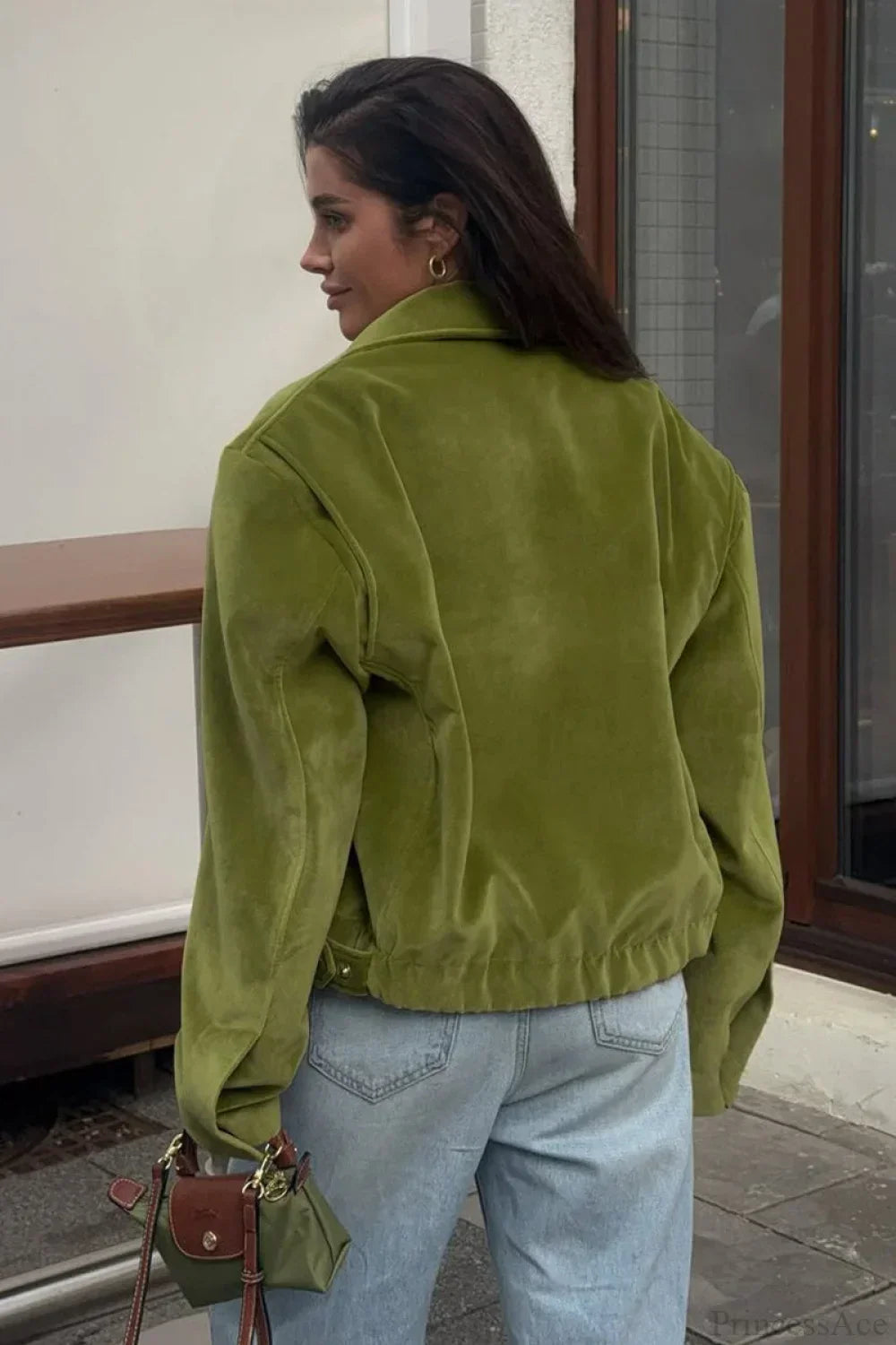 WW | Green Velvet Loose Baseball Lapel Jacket