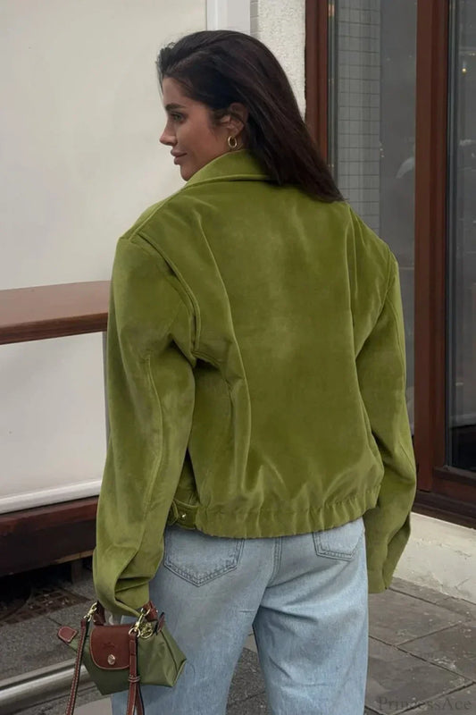 WW | Grüner Samt Lockerer Baseball Reversjacke