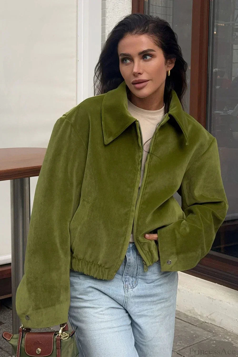 WW | Green Velvet Loose Baseball Lapel Jacket