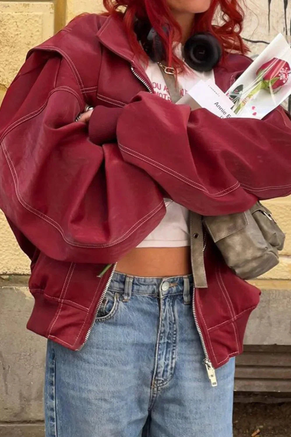 WW | Lockere Lange Ärmel Revers Lederjacke