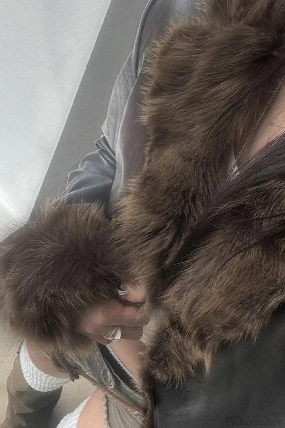 WW | Y2K Fur Collar Leather Waist - Gathered Jacket