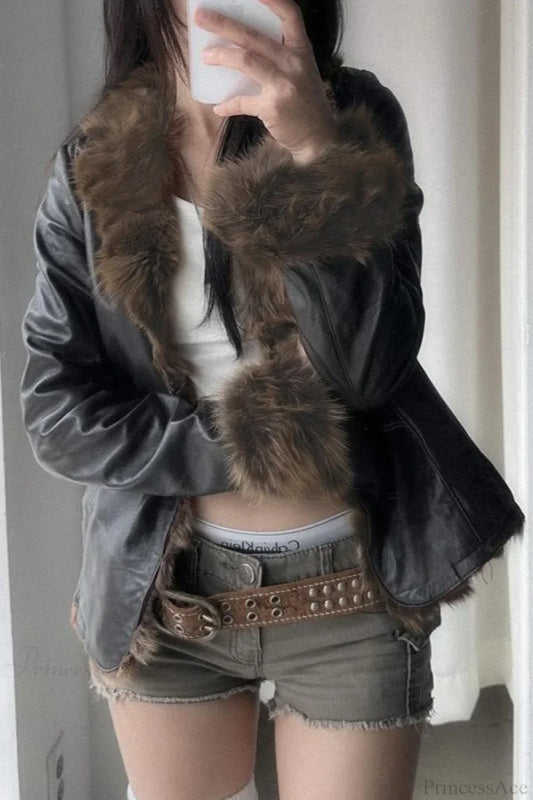 WW | Y2K Pelzkragen Leder Taille - Raffung Jacke