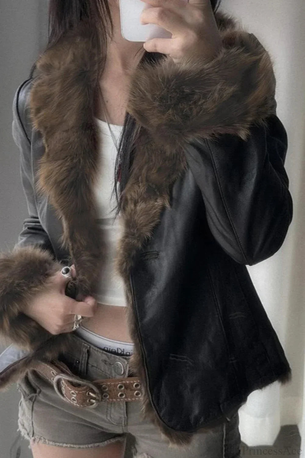 WW | Y2K Fur Collar Leather Waist - Gathered Jacket