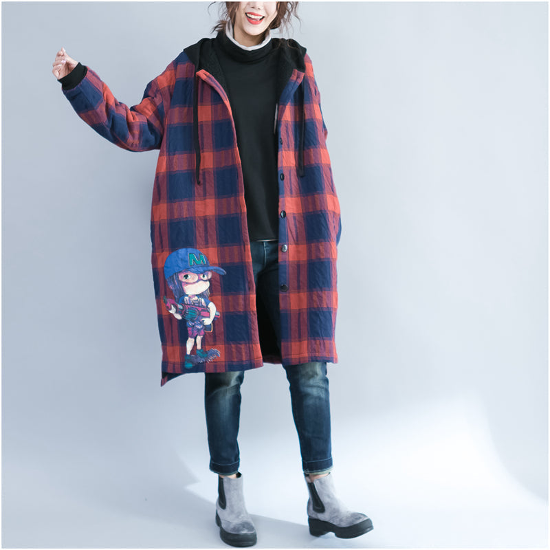 WW | Cartoon Print Cotton Cardigans Plus Size Casual Red Plaid Thick Hooded Trench Coats