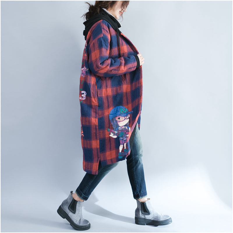 WW | Cartoon Print Cotton Cardigans Plus Size Casual Red Plaid Thick Hooded Trench Coats