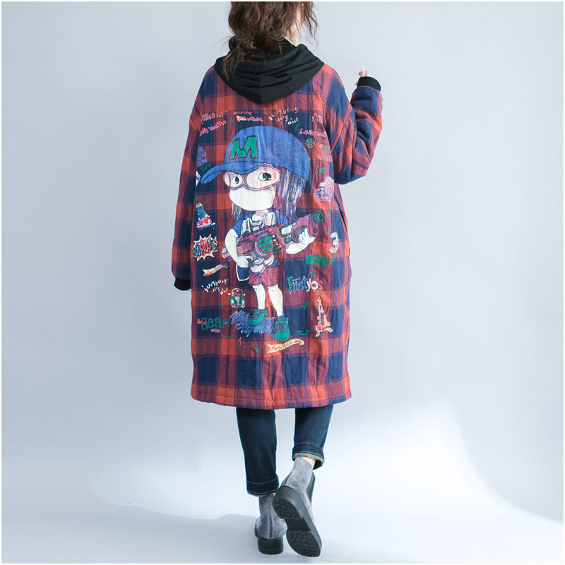 WW | Cartoon Print Cotton Cardigans Plus Size Casual Red Plaid Thick Hooded Trench Coats