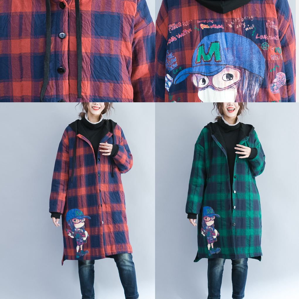 WW | Cartoon Print Cotton Cardigans Plus Size Casual Red Plaid Thick Hooded Trench Coats