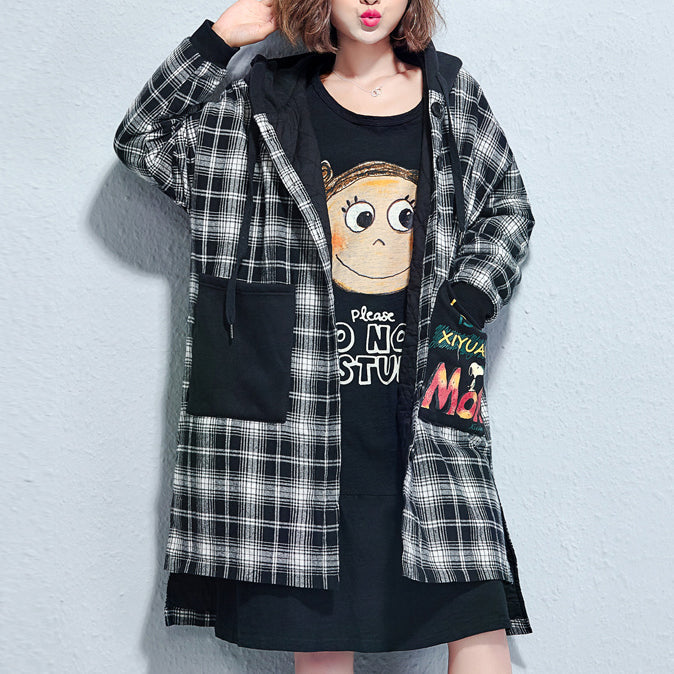 WW | casual plaid cotton thick coats oversized hooded thick high-low cardigans