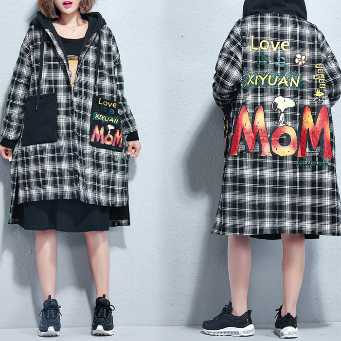 WW | casual plaid cotton thick coats oversized hooded thick high-low cardigans