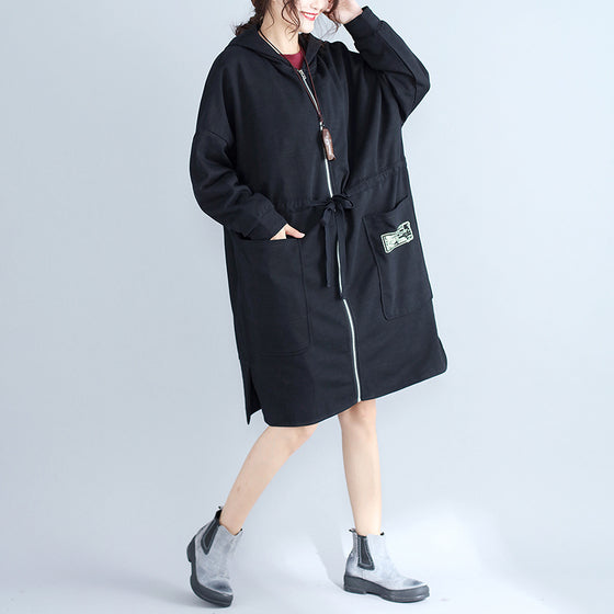 WW | Plus-Size-Frauen Baumwollcardigans schwarze Kapuzenprints mit Reißverschluss warme Trenchcoats