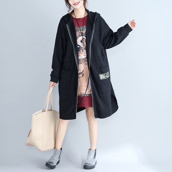 WW | Plus Size Women Cotton Cardigans Black Hooded Print Zip-Up Warm Trench Coats