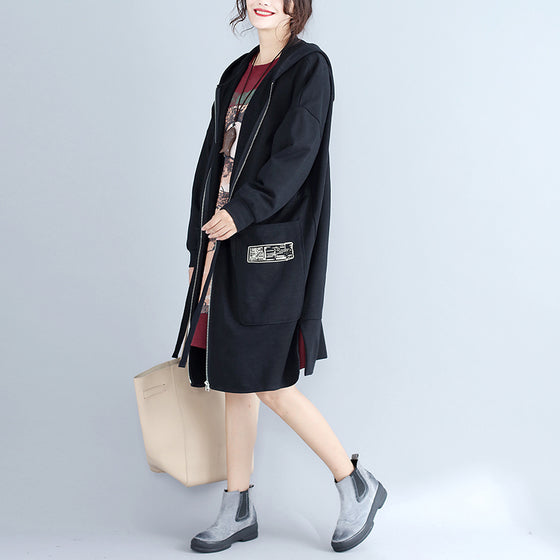 WW | Plus Size Women Cotton Cardigans Black Hooded Print Zip-Up Warm Trench Coats