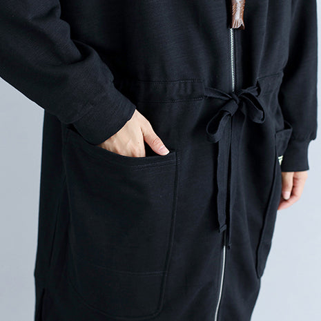WW | Plus Size Women Cotton Cardigans Black Hooded Print Zip-Up Warm Trench Coats