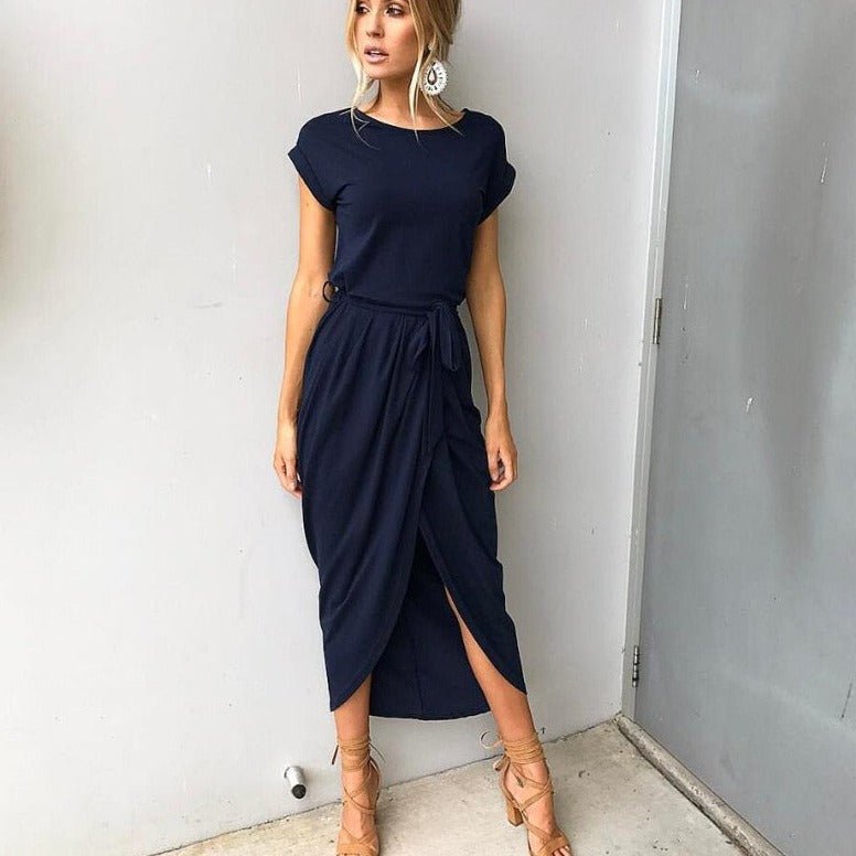 WW | Modisches Kurzärmeliges Maxikleid mit Rundhalsausschnitt und Schlitz Vorne