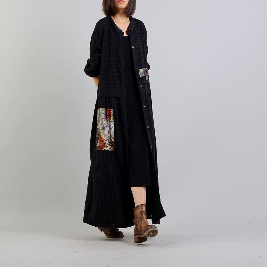 WW | Black Coat Oversize Stand-up Collar Baggy Winter Coat Fashion Patchwork Jackets