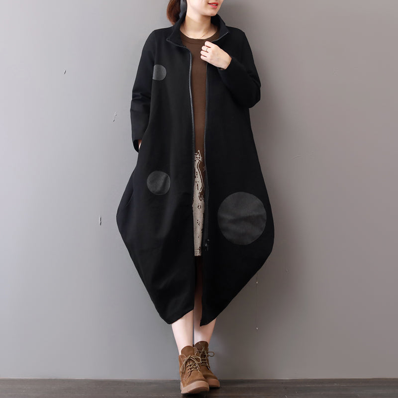 WW | schwarze Mäntel Plus-Size-Bekleidung mit Reißverschluss Wintermantel Eleganter Reverskragen Maxikleid