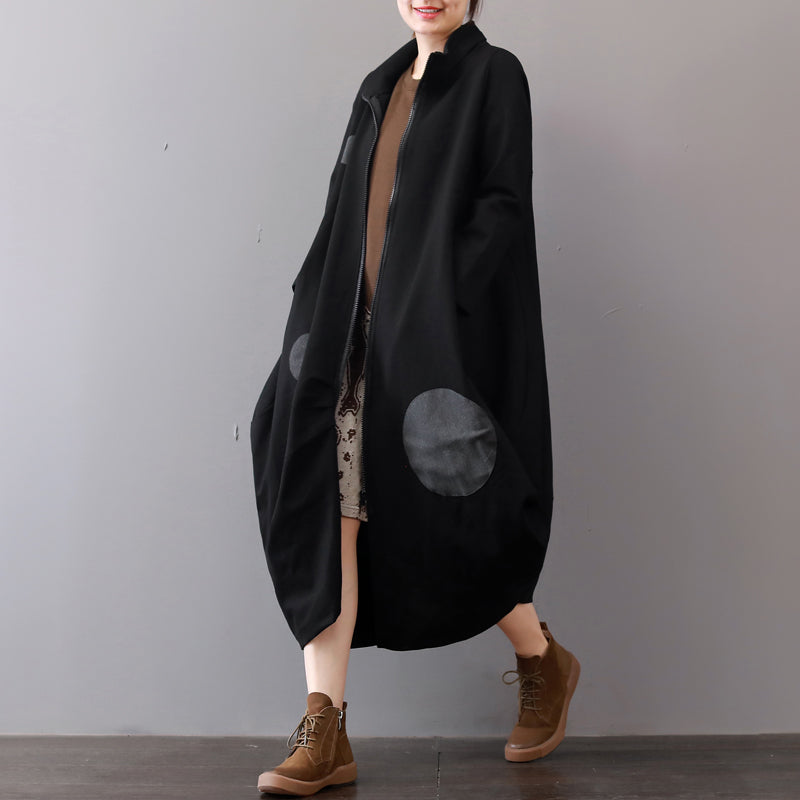 WW | schwarze Mäntel Plus-Size-Bekleidung mit Reißverschluss Wintermantel Eleganter Reverskragen Maxikleid