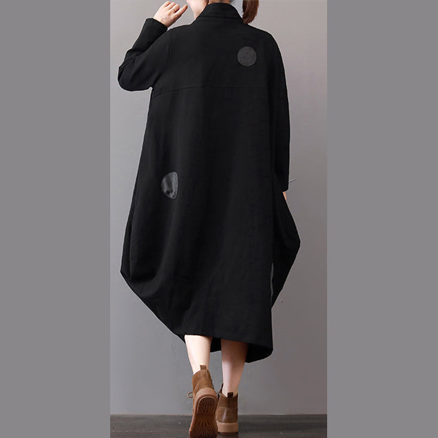 WW | Black Coats Plus Size Clothing Zipper Winter Coat Elegant Lapel Collar Maxi Dress