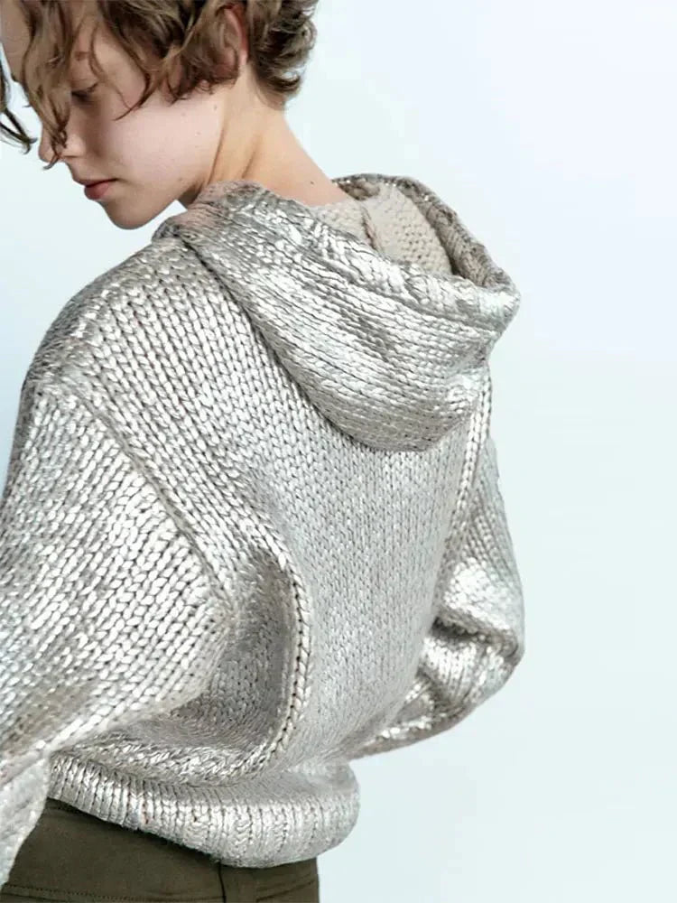 WW | Schicker Damen-Kapuzenpullover Mit Metallic-Rippbesatz Und Folie