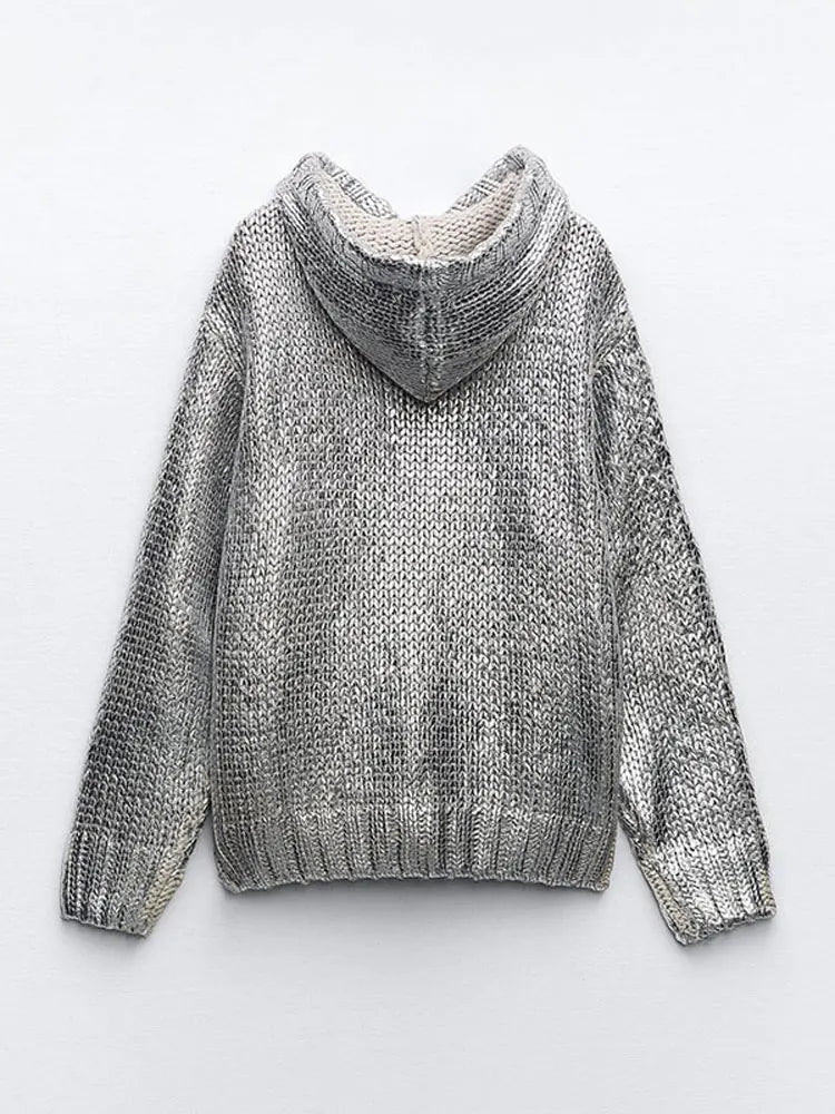 WW | Schicker Damen-Kapuzenpullover Mit Metallic-Rippbesatz Und Folie
