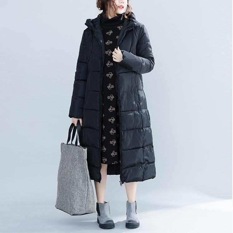 WW | New Black Trendy Plus Size Hooded Padded Coat WW | Zip Pockets Cotton Coats