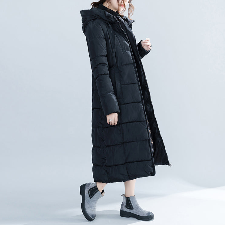 WW | New Black Trendy Plus Size Hooded Padded Coat WW | Zip Pockets Cotton Coats