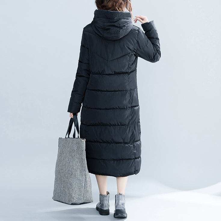 WW | New Black Trendy Plus Size Hooded Padded Coat WW | Zip Pockets Cotton Coats
