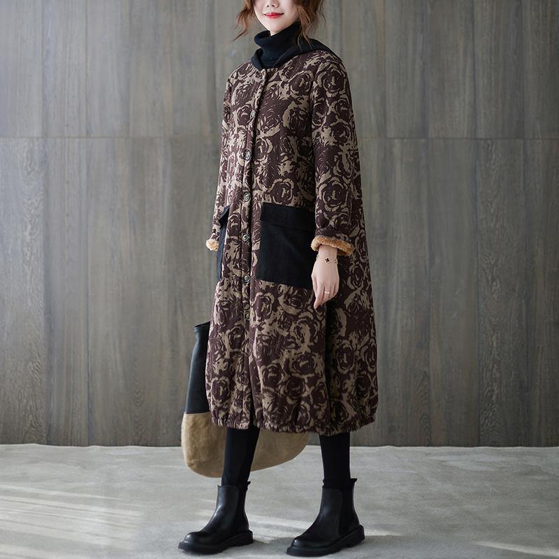WW | Oversized Winter Coats Chocolate Print Hooded Pocket Coats