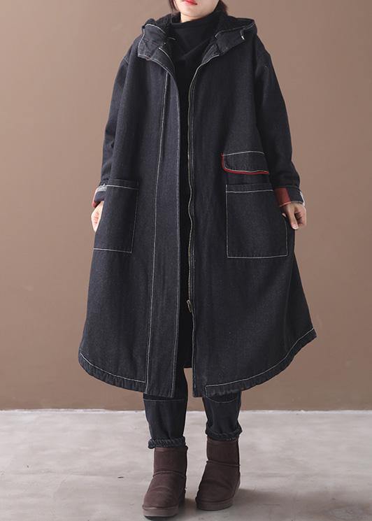 WW | Plus-Size-Bekleidung Jacken & Mäntel Kapuzenübermantel Denim Schwarz zwei Taschen Parkas für WW