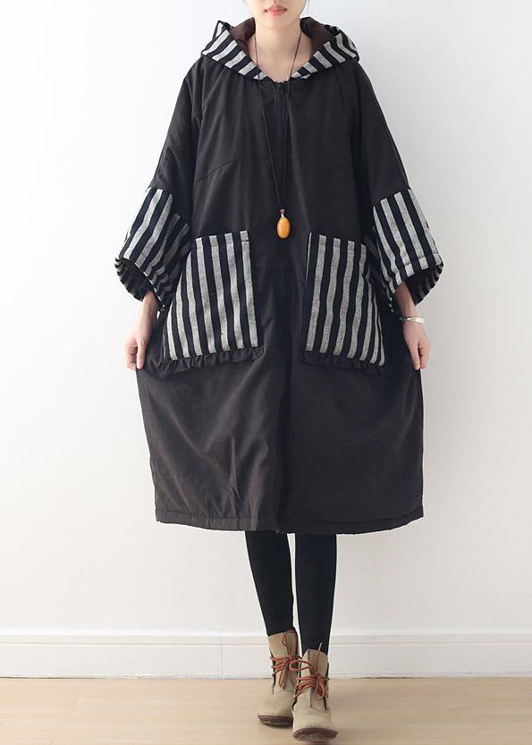 WW | Plus-Size-Bekleidung warmer Wintermantel mit Kapuze schwarze Patchwork-Mäntel
