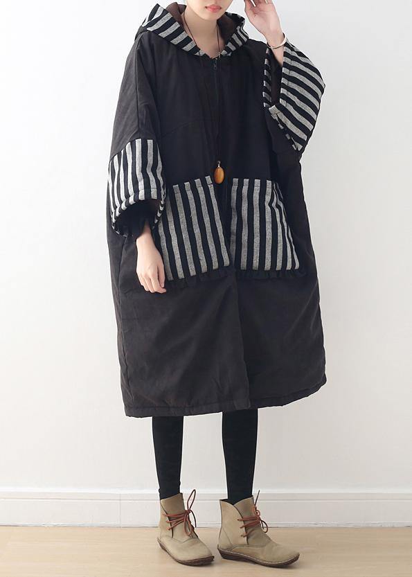 WW | Plus Size Clothing Warm Winter Coat with Hood Black Patchwork Coats