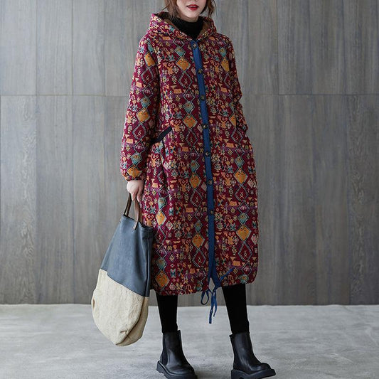 WW | Plus-Size warmer Wintermantel Wintermäntel burgunder Print mit Kapuze Taschenmantel
