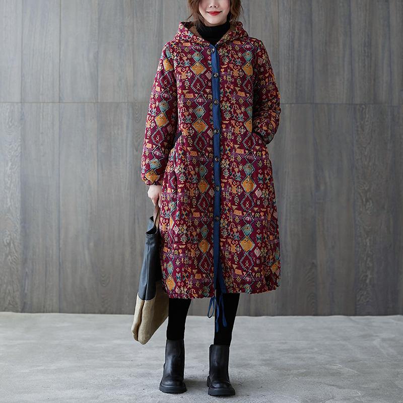 WW | Plus-Size Warm Winter Coat Winter Coats Burgundy Print Hooded Pocket Coat