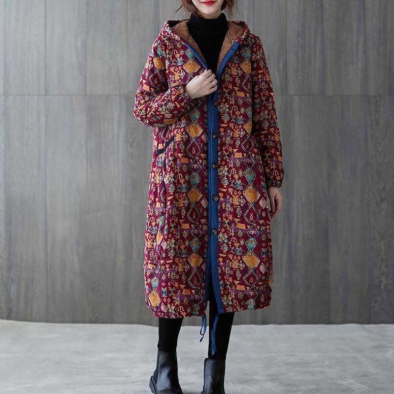 WW | Plus-Size Warm Winter Coat Winter Coats Burgundy Print Hooded Pocket Coat
