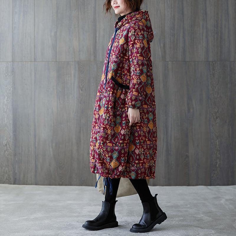 WW | Plus-Size Warm Winter Coat Winter Coats Burgundy Print Hooded Pocket Coat