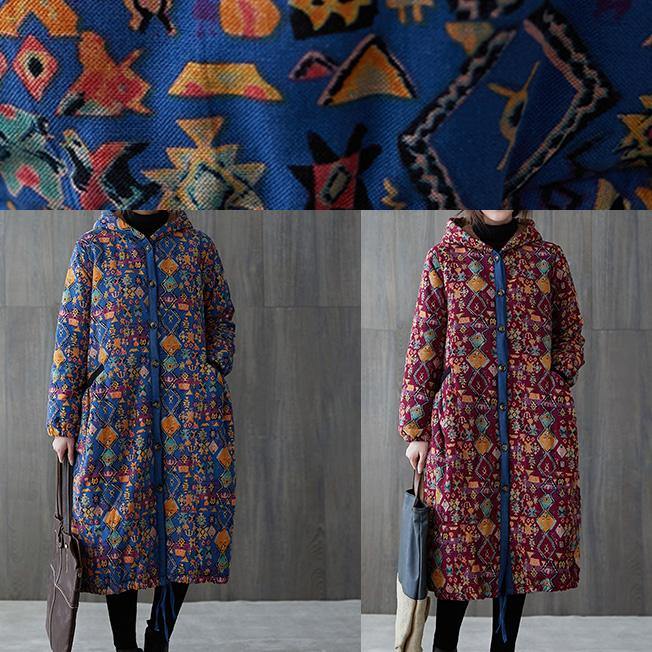 WW | Plus-Size Warm Winter Coat Winter Coats Burgundy Print Hooded Pocket Coat