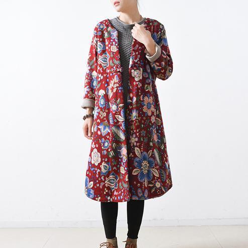 WW | Red Cotton Coats Casual Maxi Coat Elegant Long Coats Floral