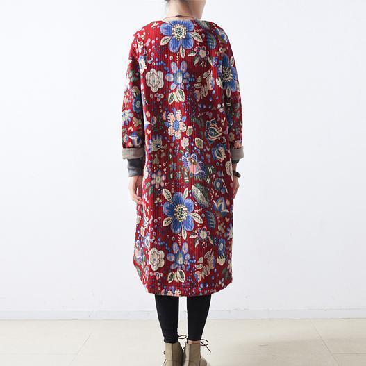 WW | Red Cotton Coats Casual Maxi Coat Elegant Long Coats Floral