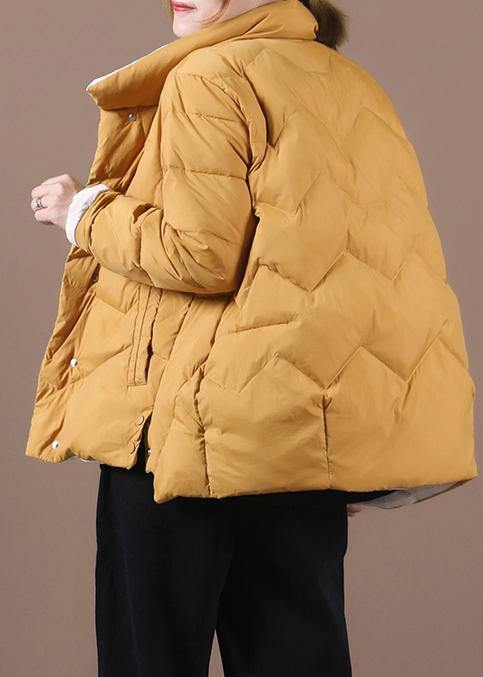 WW | Yellow Duck Down Coat Loose Fit Snow Jackets Stand-up Collar Pockets Luxury Overcoat