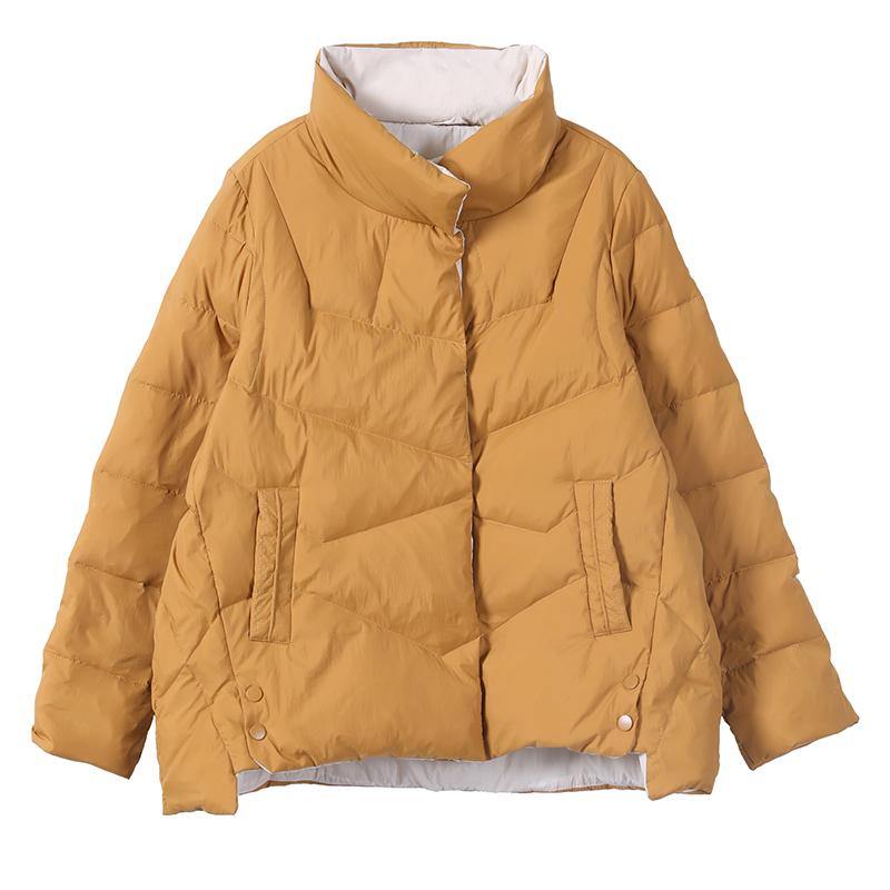 WW | Yellow Duck Down Coat Loose Fit Snow Jackets Stand-up Collar Pockets Luxury Overcoat