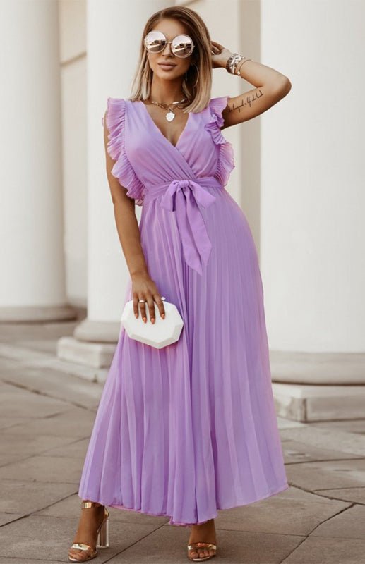 WW | Damen Strand Sexy Lotusblatt Ärmel Chiffon Plissee Rock Einfarbig Kleid